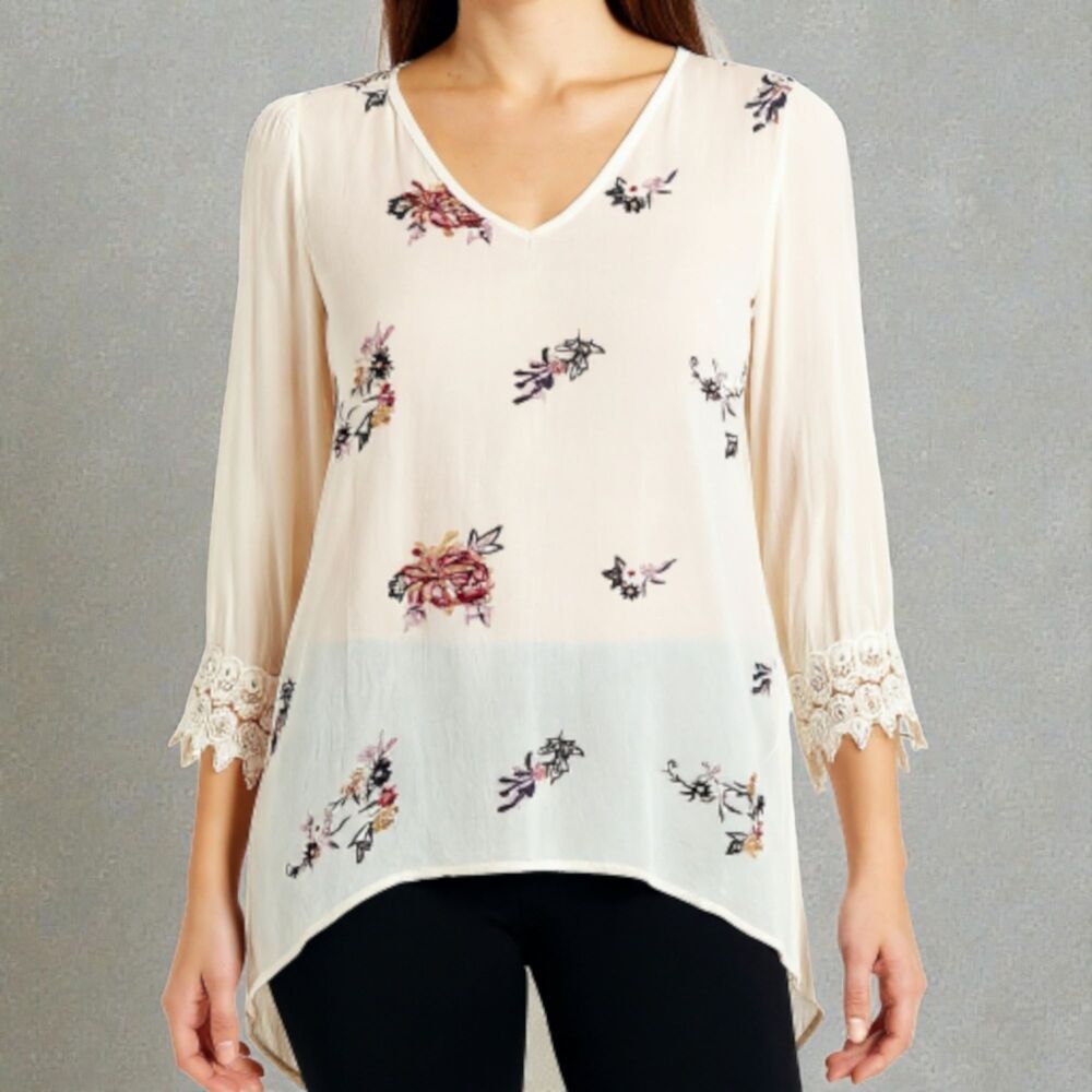 Moda Seta Italian Made Silk Blend Fairy Flowy Sheer Tunic Blouse Embroidered M